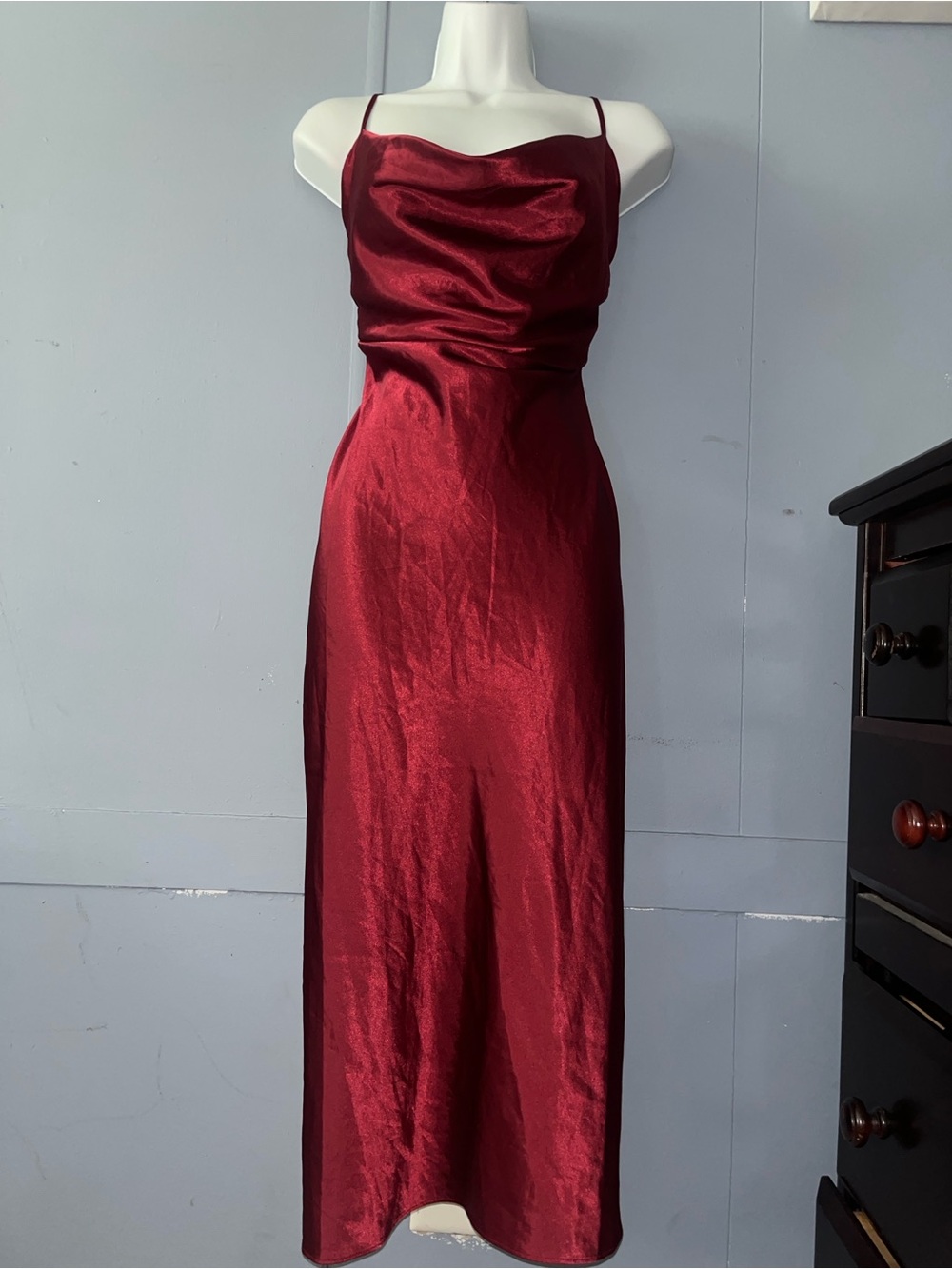 Windsor Burgundy Satin Cowl Neck Spaghetti Strap Maxi Dress